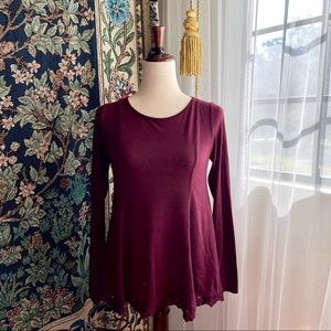 Burgundy Red Long Sleeve Lace Trim Open Back Flowy Top